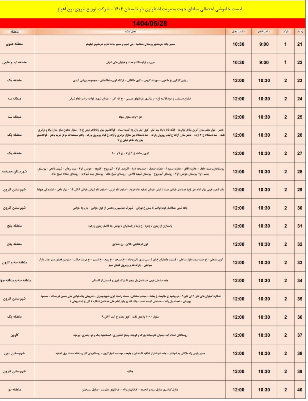 جدول خاموشی