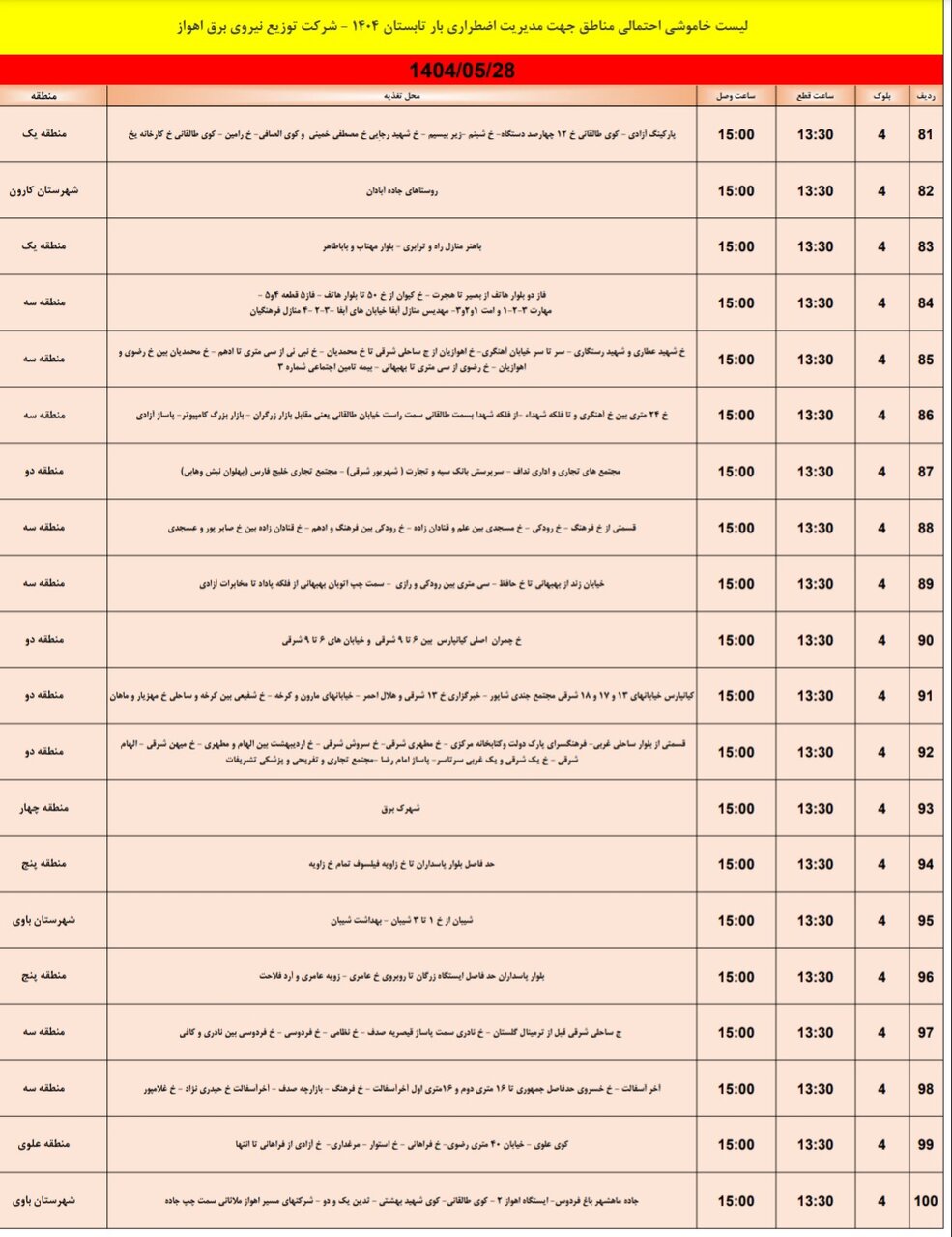 جدول خاموشی