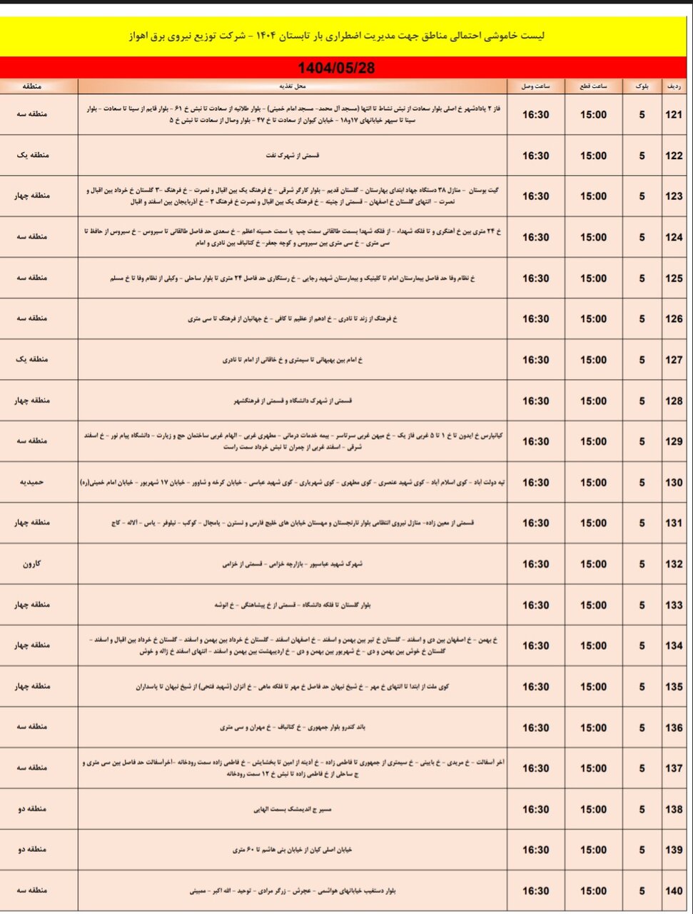 جدول خاموشی