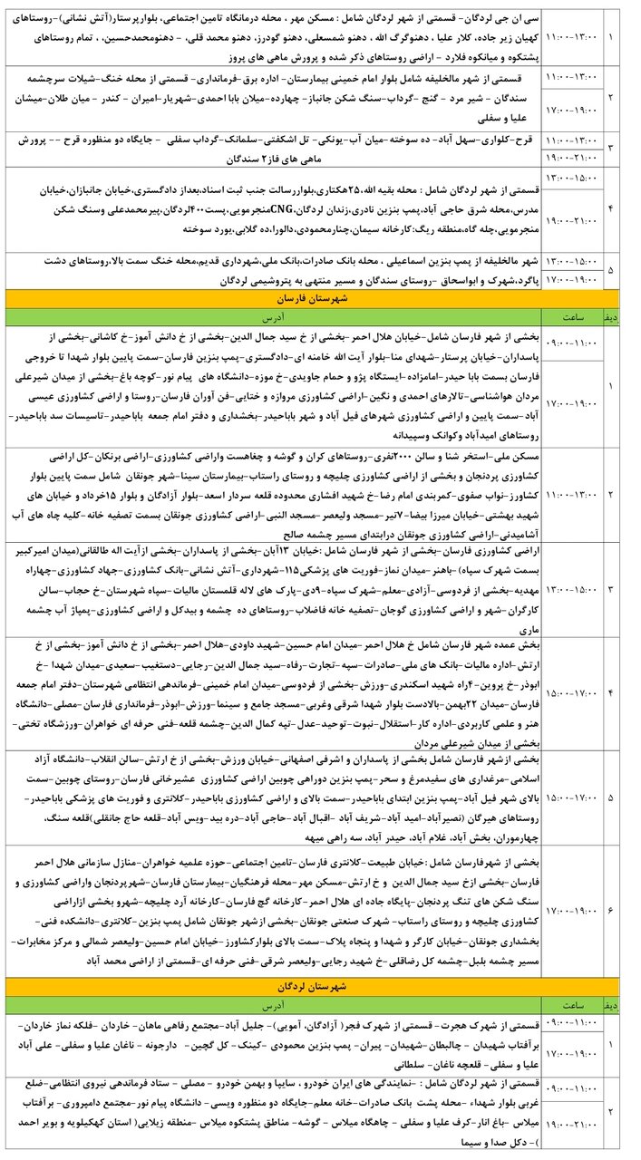 برنامه قطعی برق چهارمحال و بختیاری چهارشنبه ۲۹ مرداد + جدول