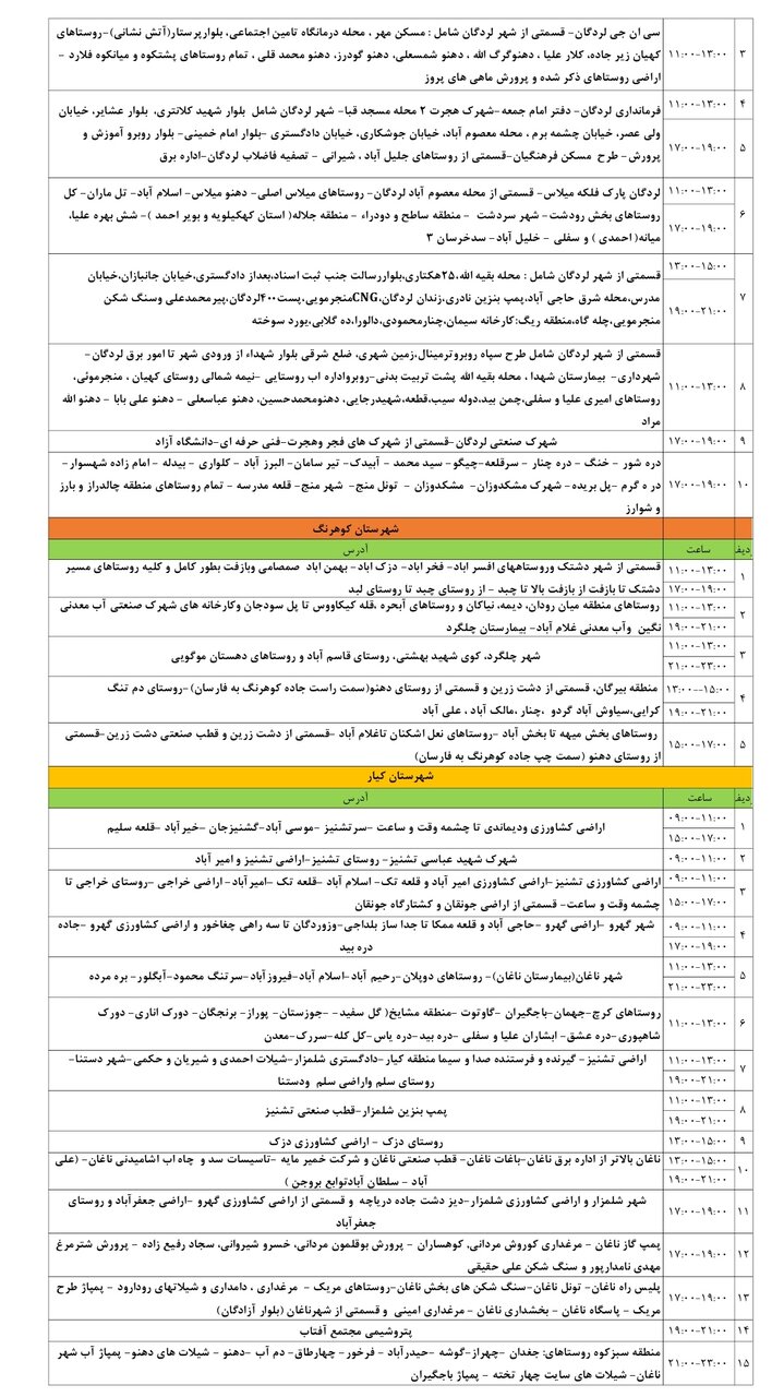 برنامه قطعی برق چهارمحال‌ و بختیاری‌ چهارشنبه ۲۹ مرداد + جدول