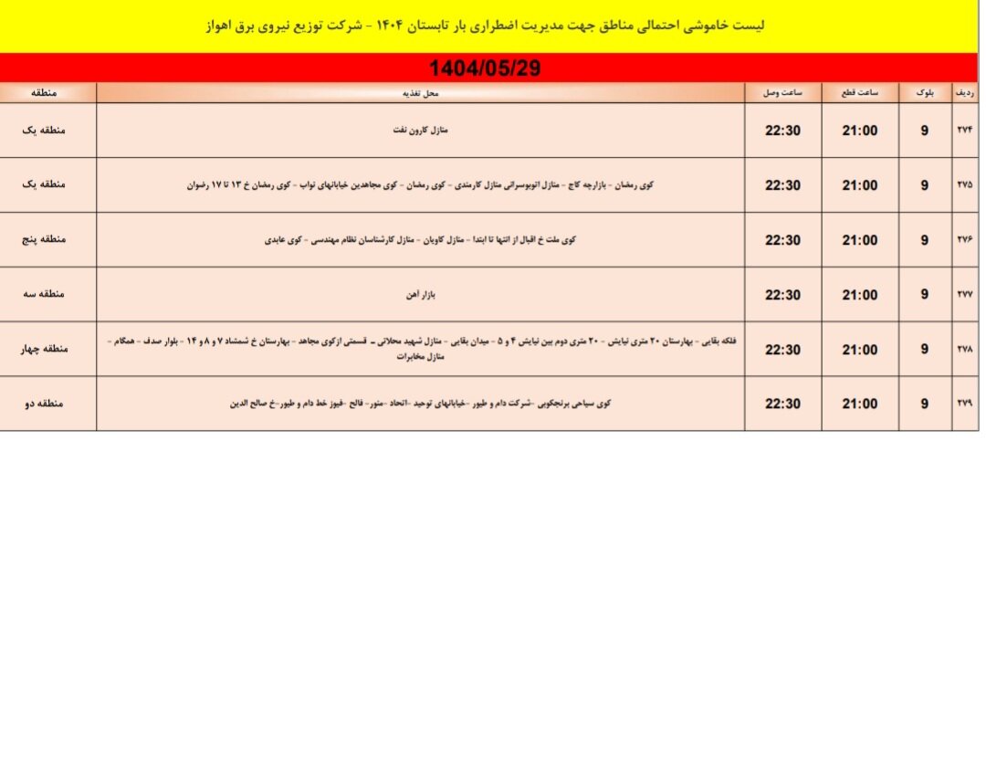 جدول خاموشی