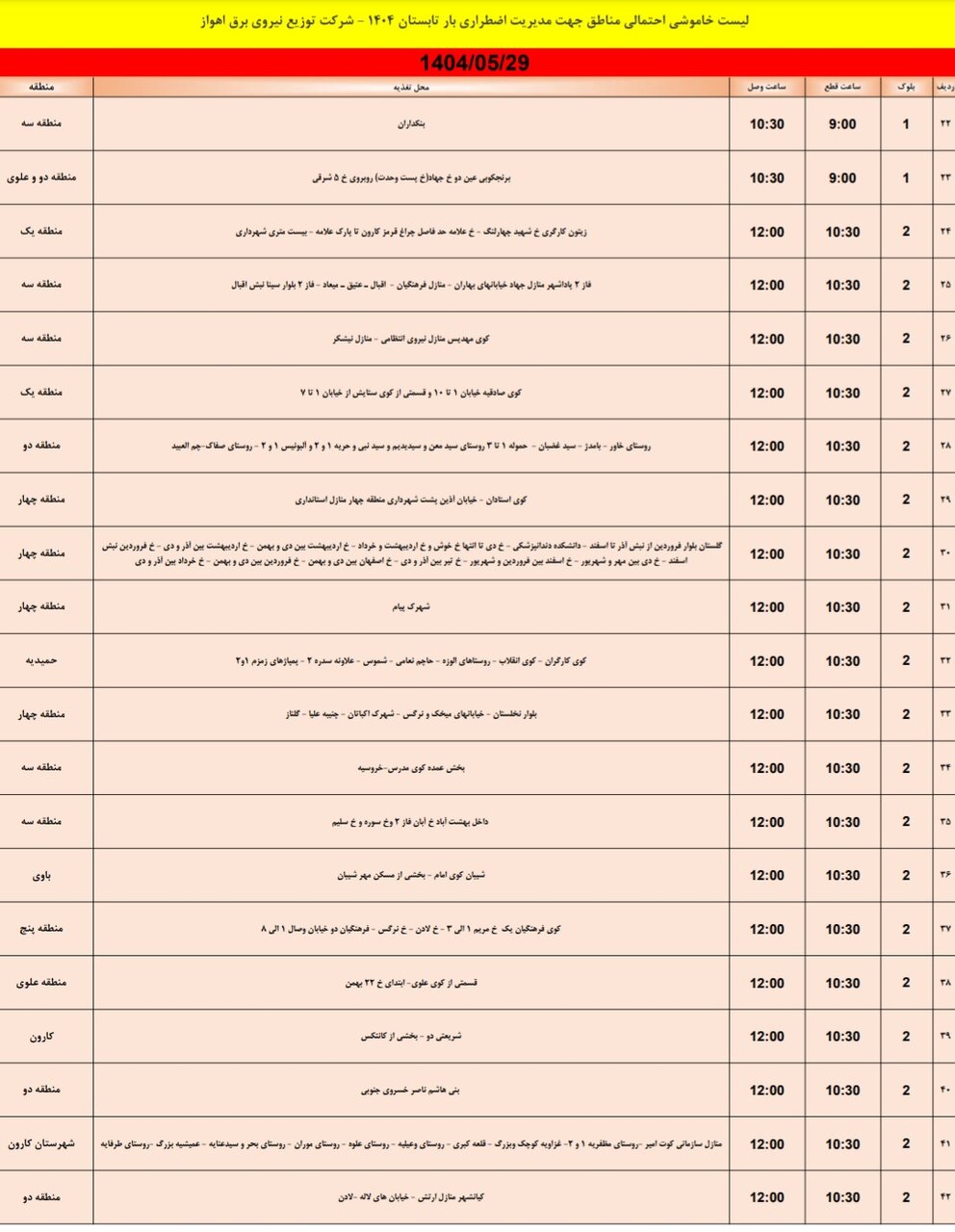 جدول خاموشی