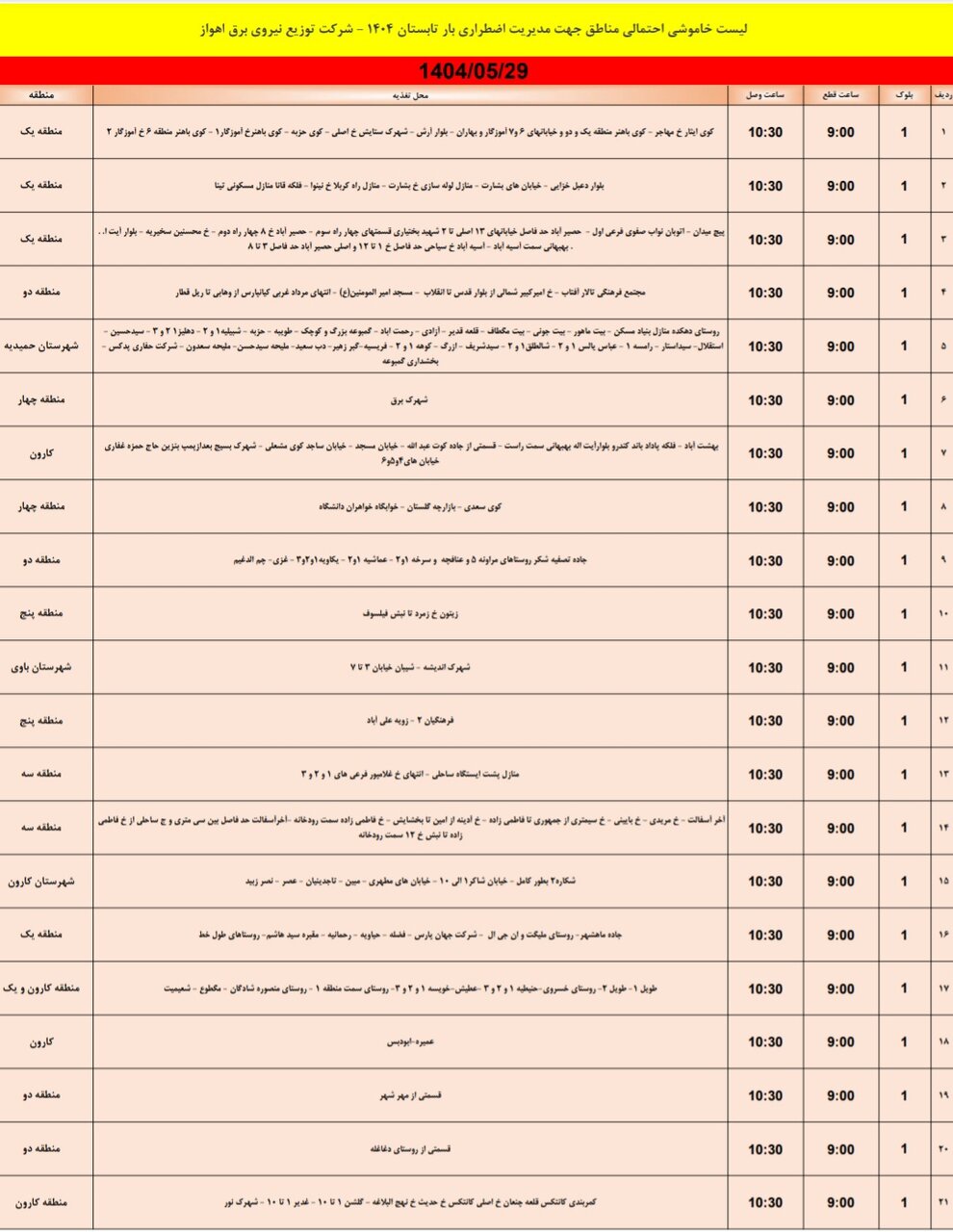 جدول خاموشی
