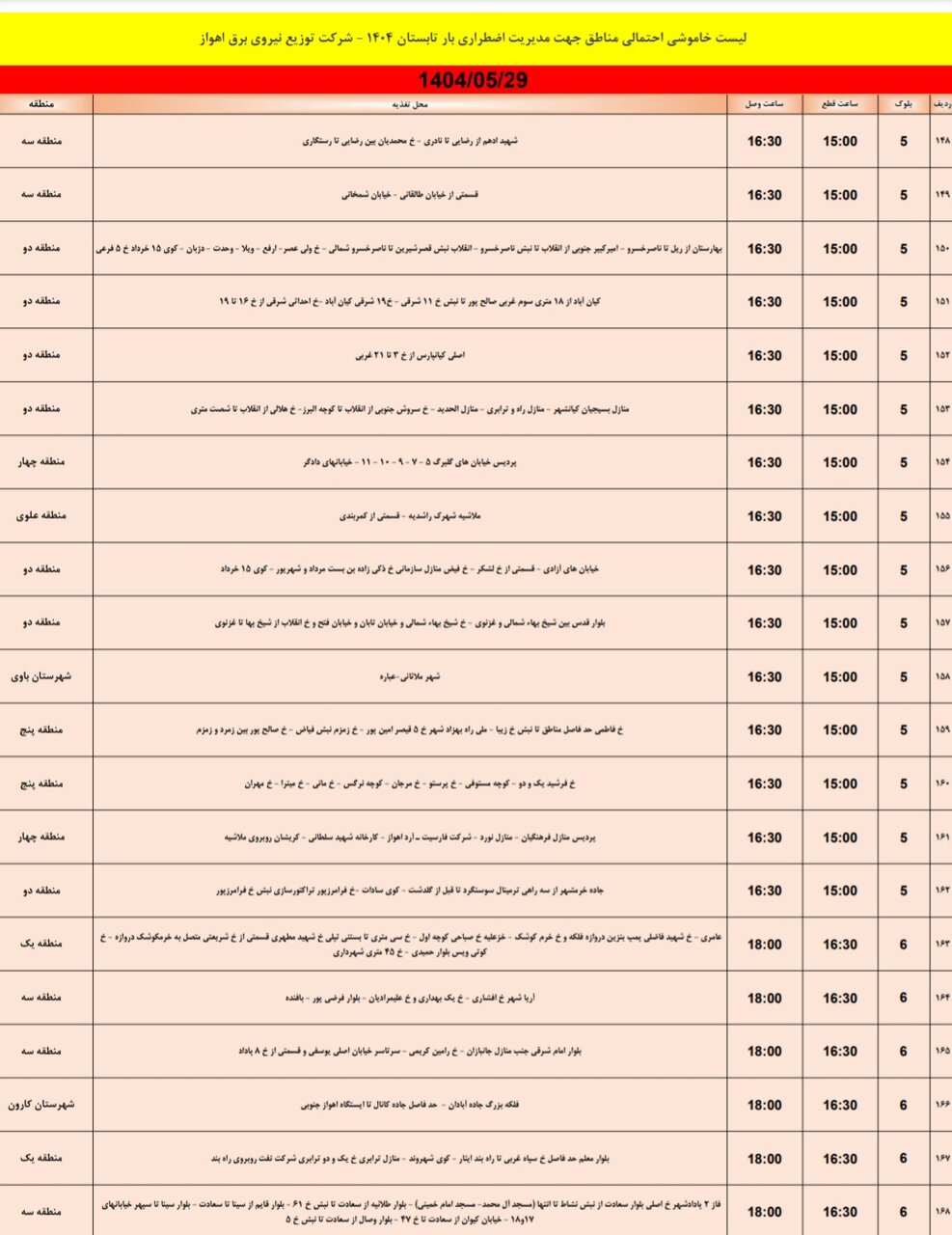 جدول خاموشی