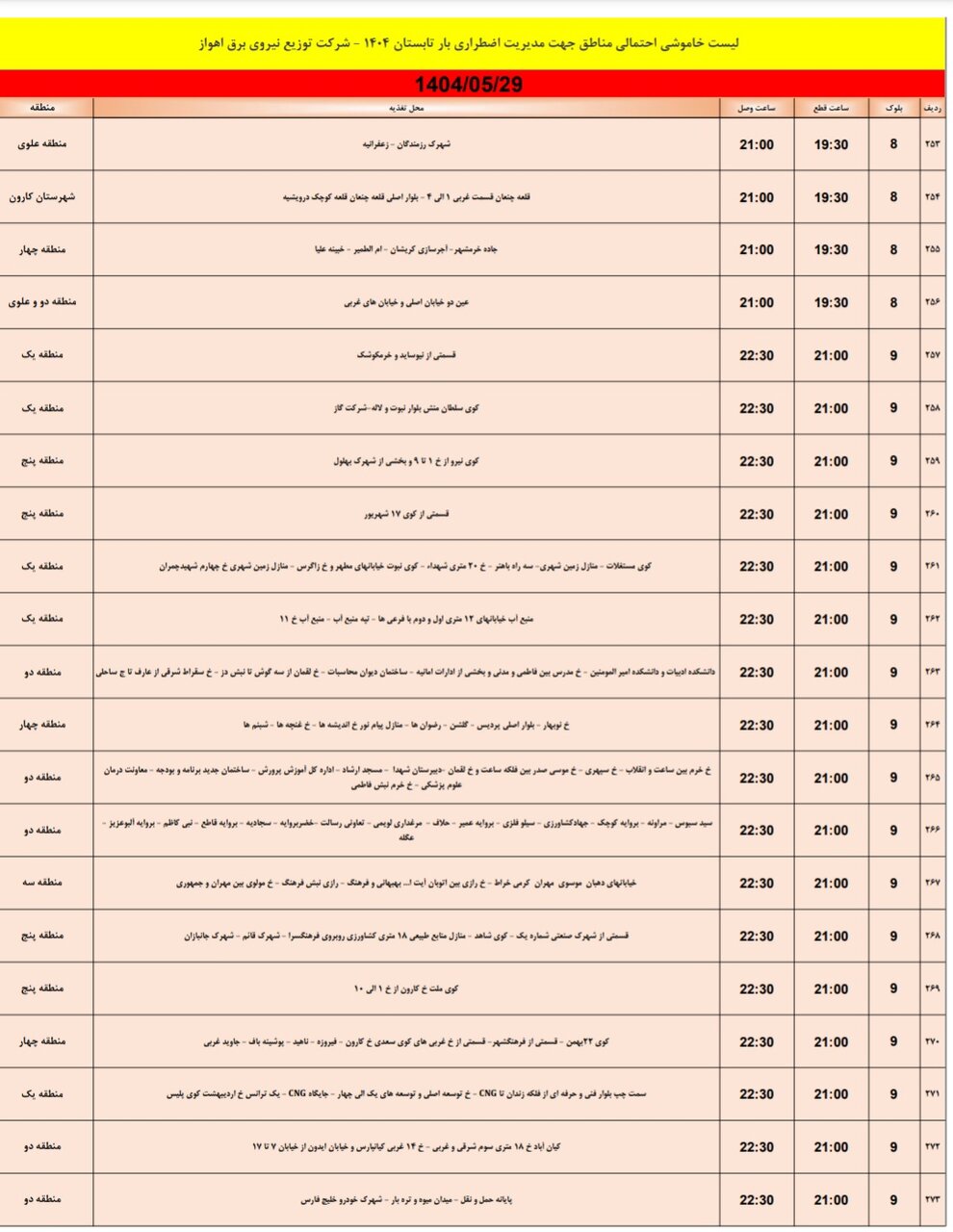 جدول خاموشی