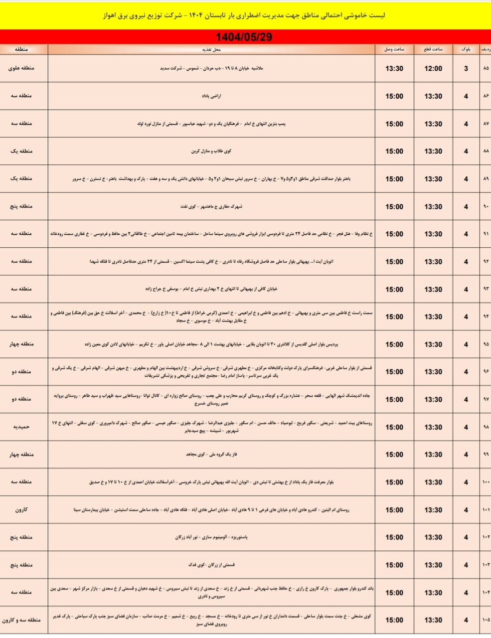 جدول خاموشی