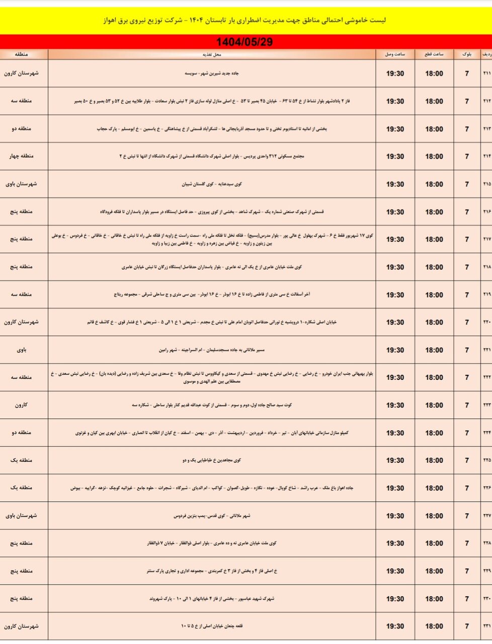جدول خاموشی