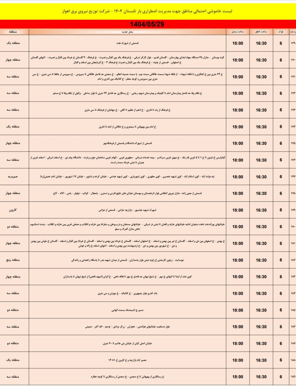 جدول خاموشی