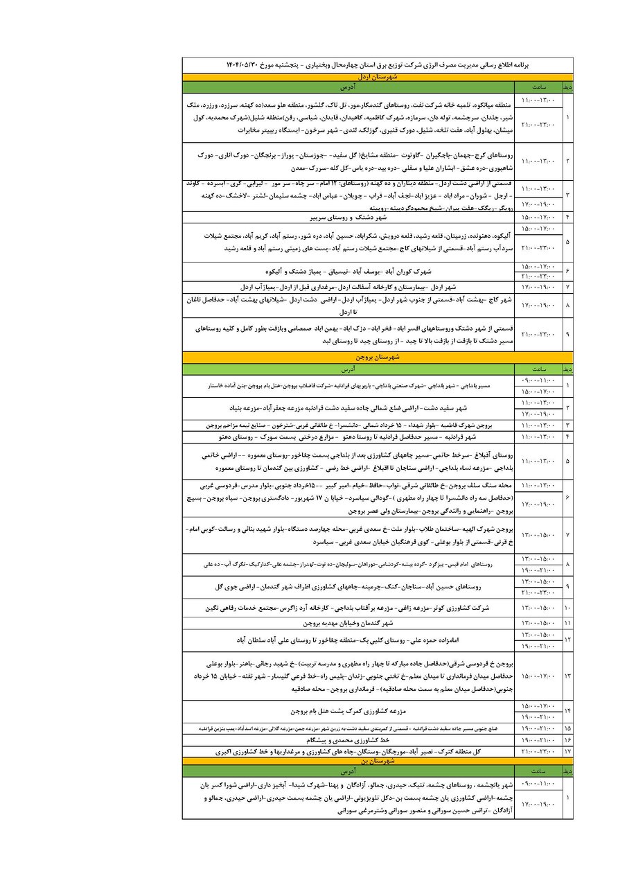 برنامه قطعی برق چهارمحال‌ و بختیاری‌ پنجشنبه ۳۰ مرداد + جدول