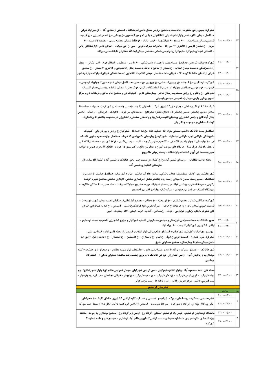 برنامه قطعی برق چهارمحال و بختیاری پنجشنبه ۳۰ مرداد + جدول