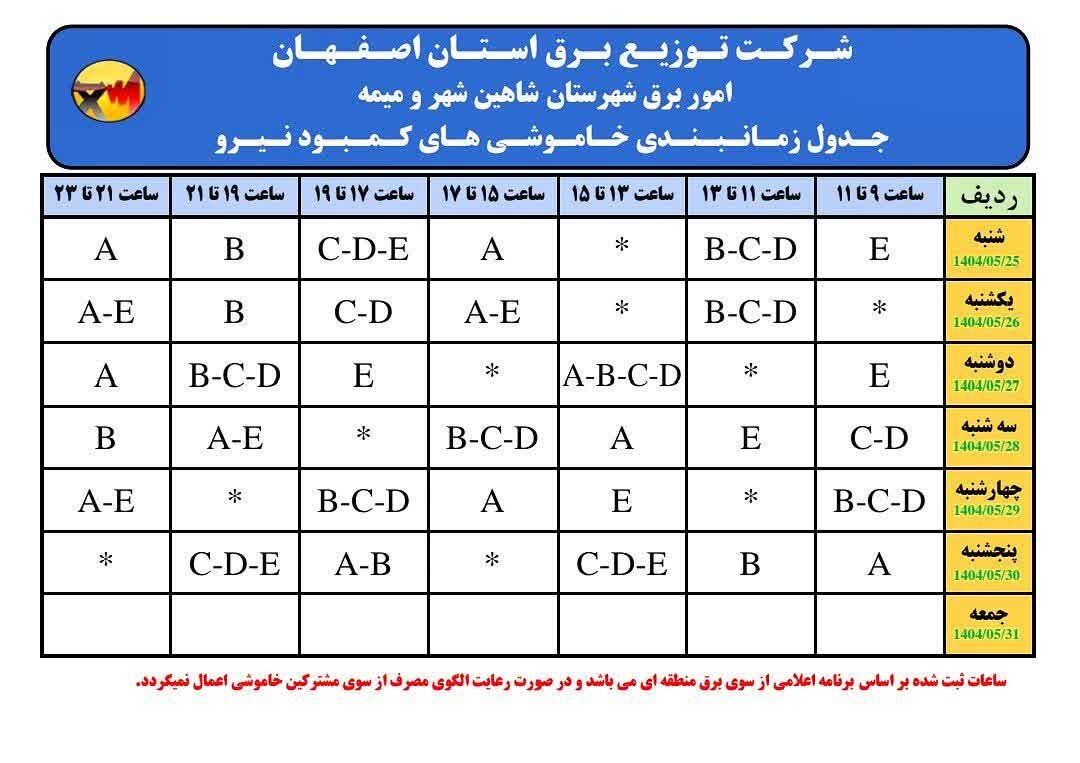 قطعی برق استان اصفهان امروز پنجشنبه ۳۰ مرداد ۱۴۰۴ + جدول