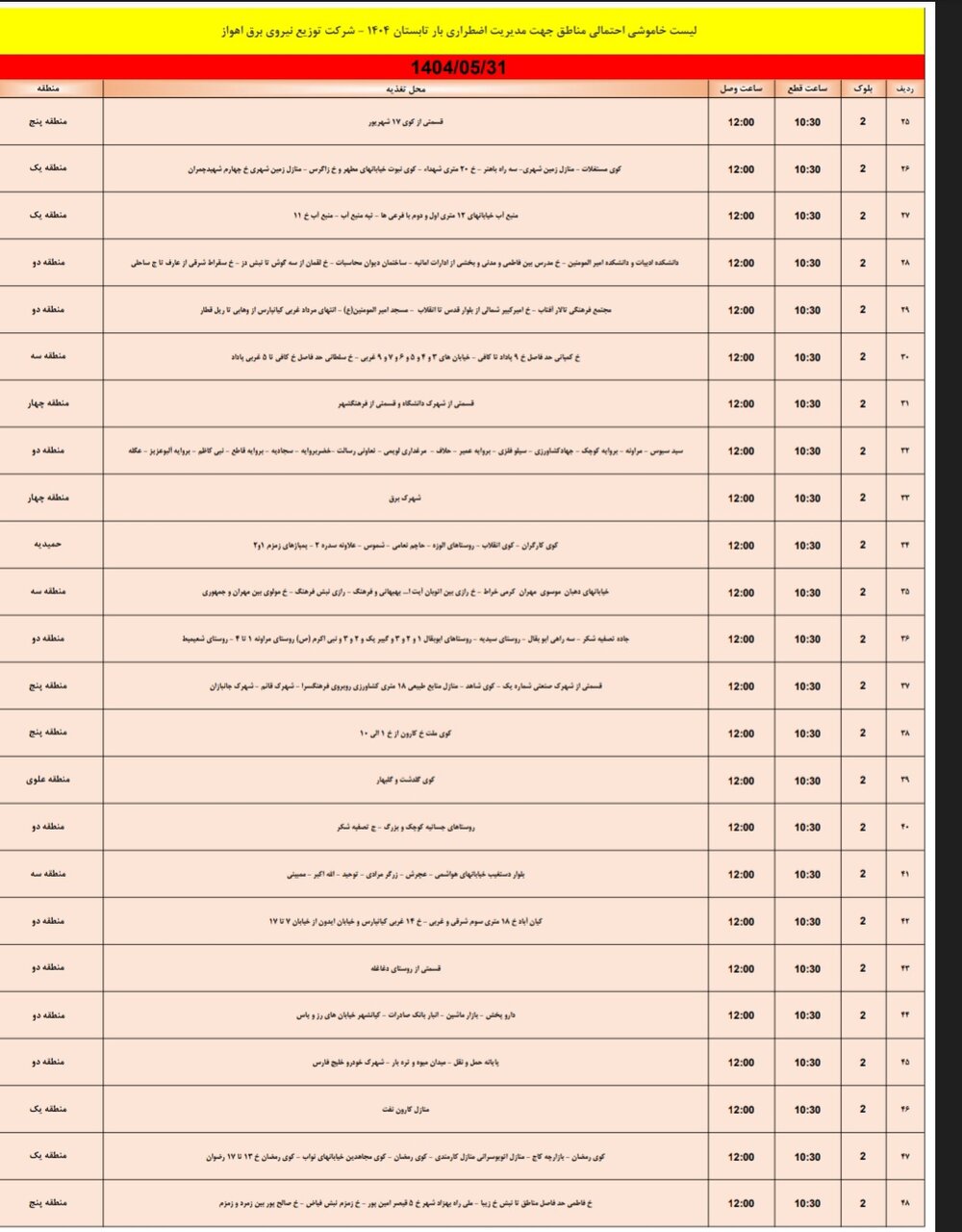 جدول خاموشی جدول خاموشی