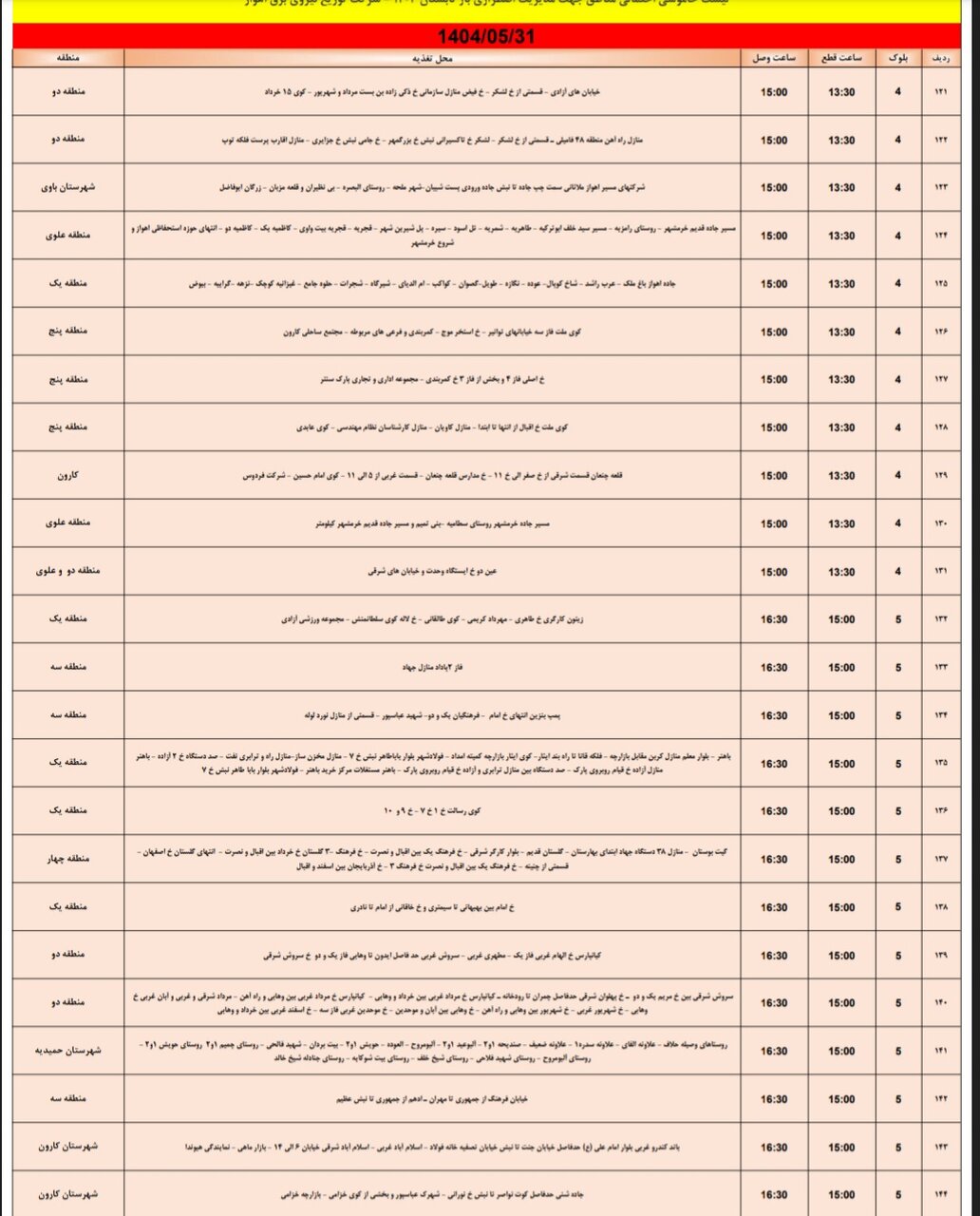 جدول خاموشی جدول خاموشی