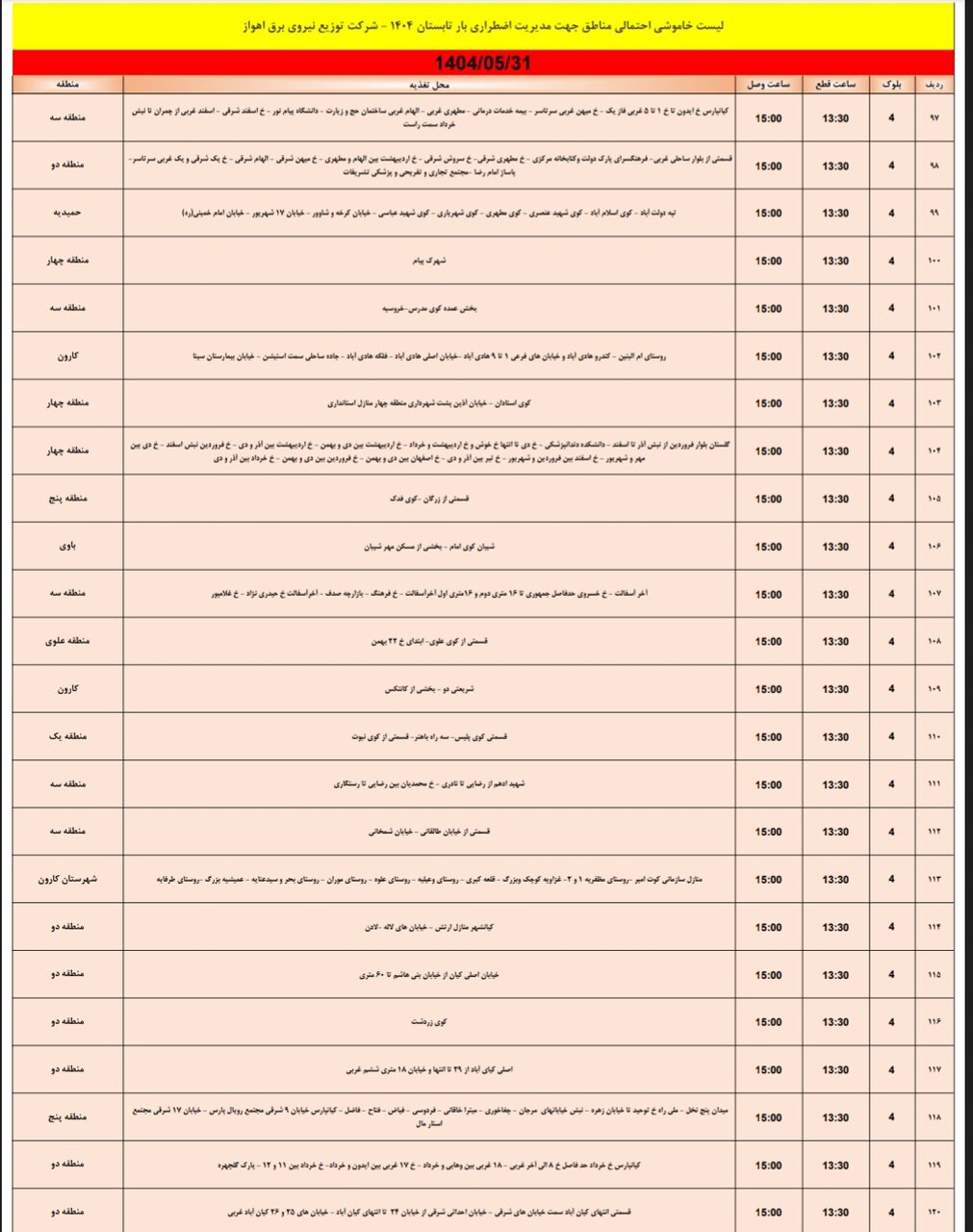 جدول خاموشی جدول خاموشی