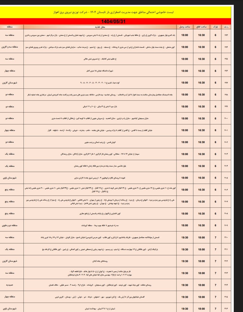 جدول خاموشی جدول خاموشی