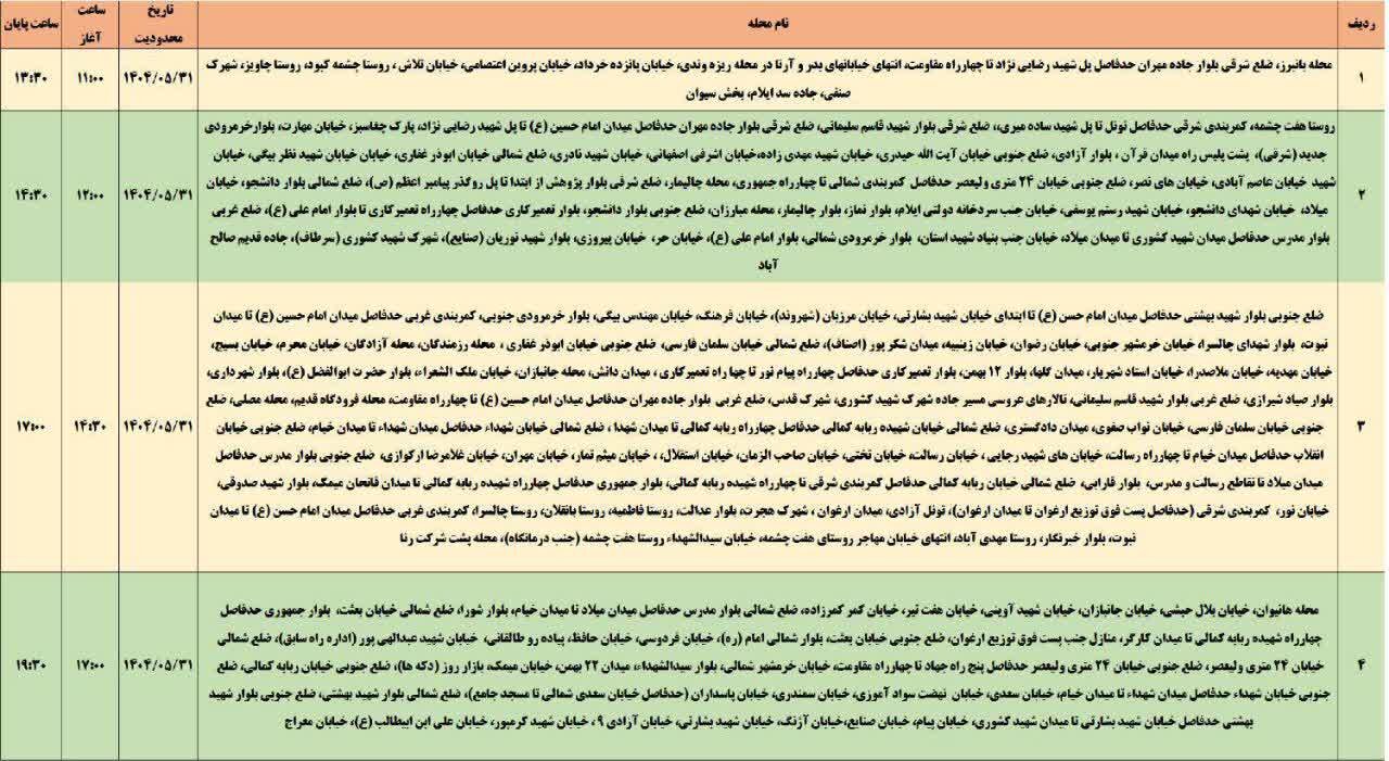 جدول قطعی برق استان ایلام امروز جمعه ۳۱مرداد ۱۴۰۴