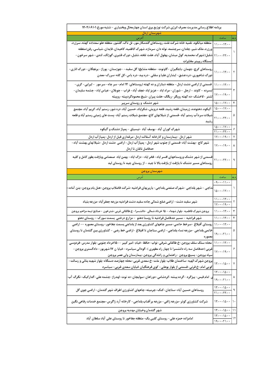 برنامه قطعی برق چهارمحال و بختیاری شنبه ۱ شهریور + جدول
