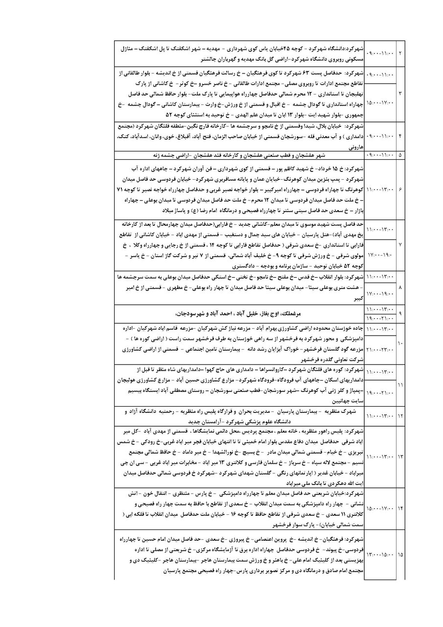 برنامه قطعی برق چهارمحال‌ و بختیاری‌ شنبه ۱ شهریور + جدول