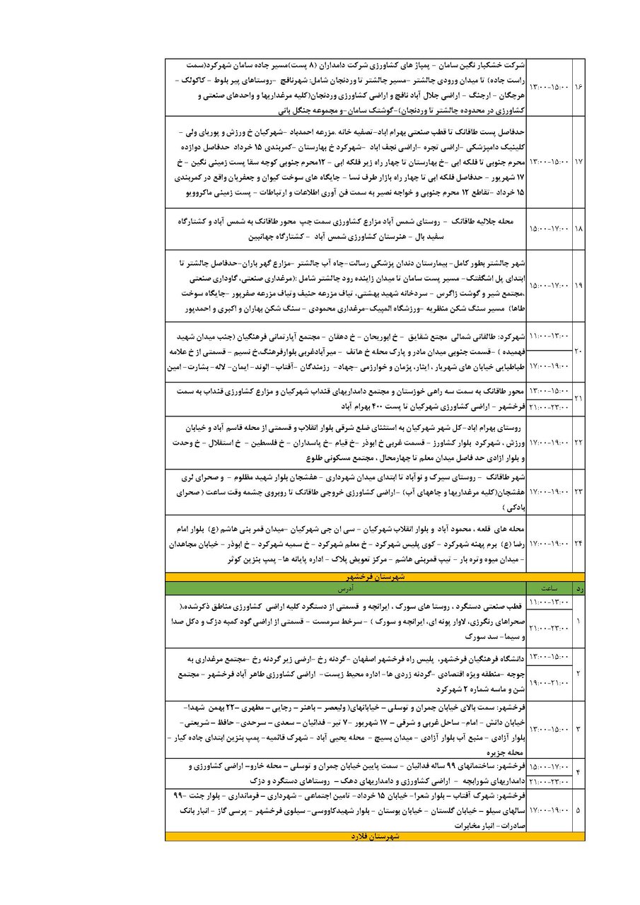 برنامه قطعی برق چهارمحال‌ و بختیاری‌ شنبه ۱ شهریور + جدول