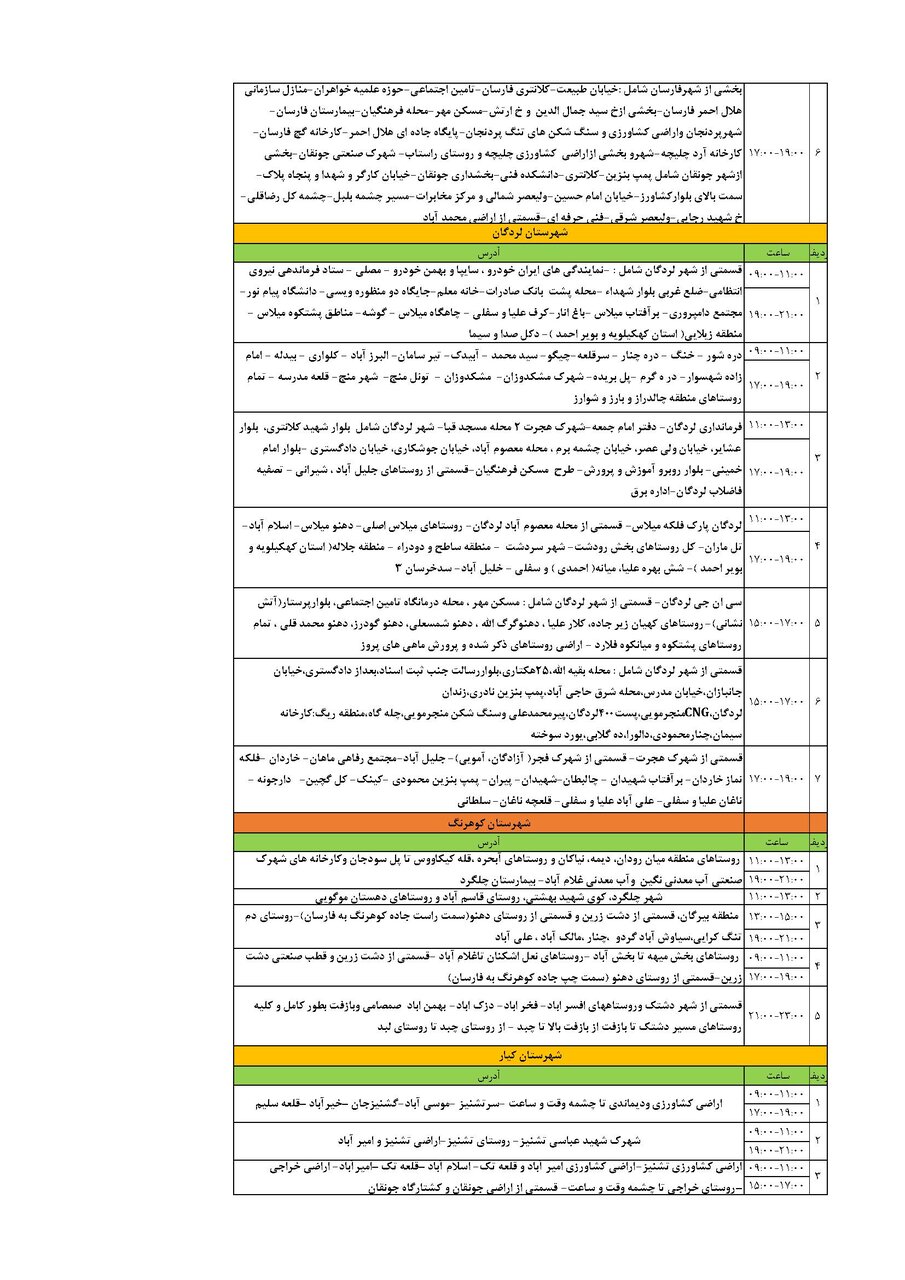 برنامه قطعی برق چهارمحال و بختیاری شنبه ۱ شهریور + جدول