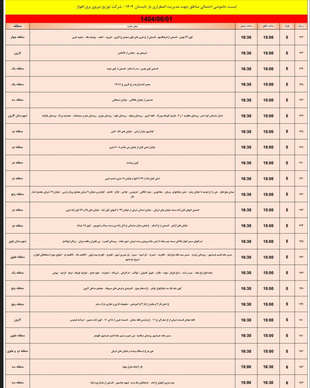 جدول خاموشی