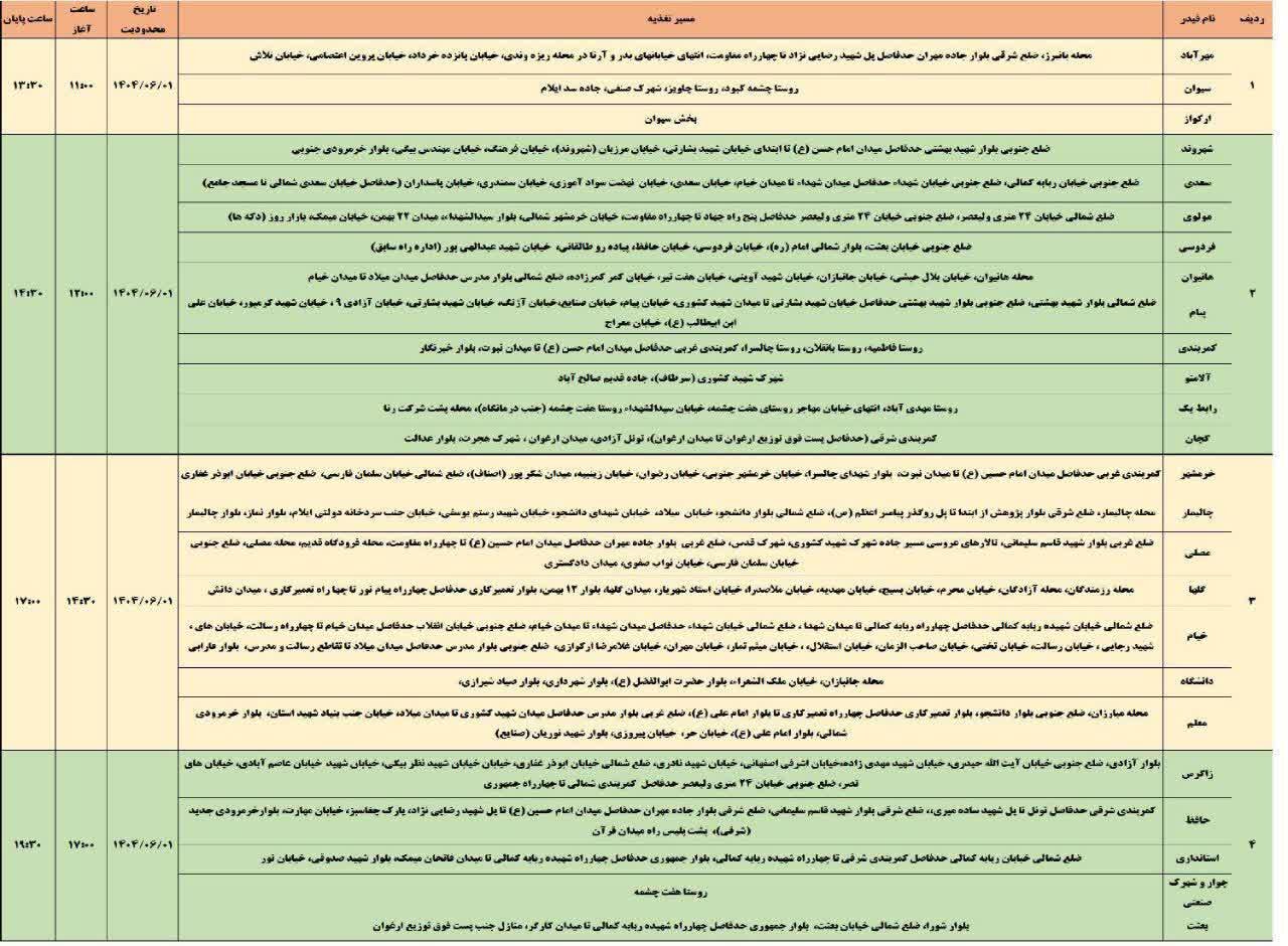 جدول قطعی برق استان ایلام  امروز شنبه ۱ شهریور + لیست مناطق