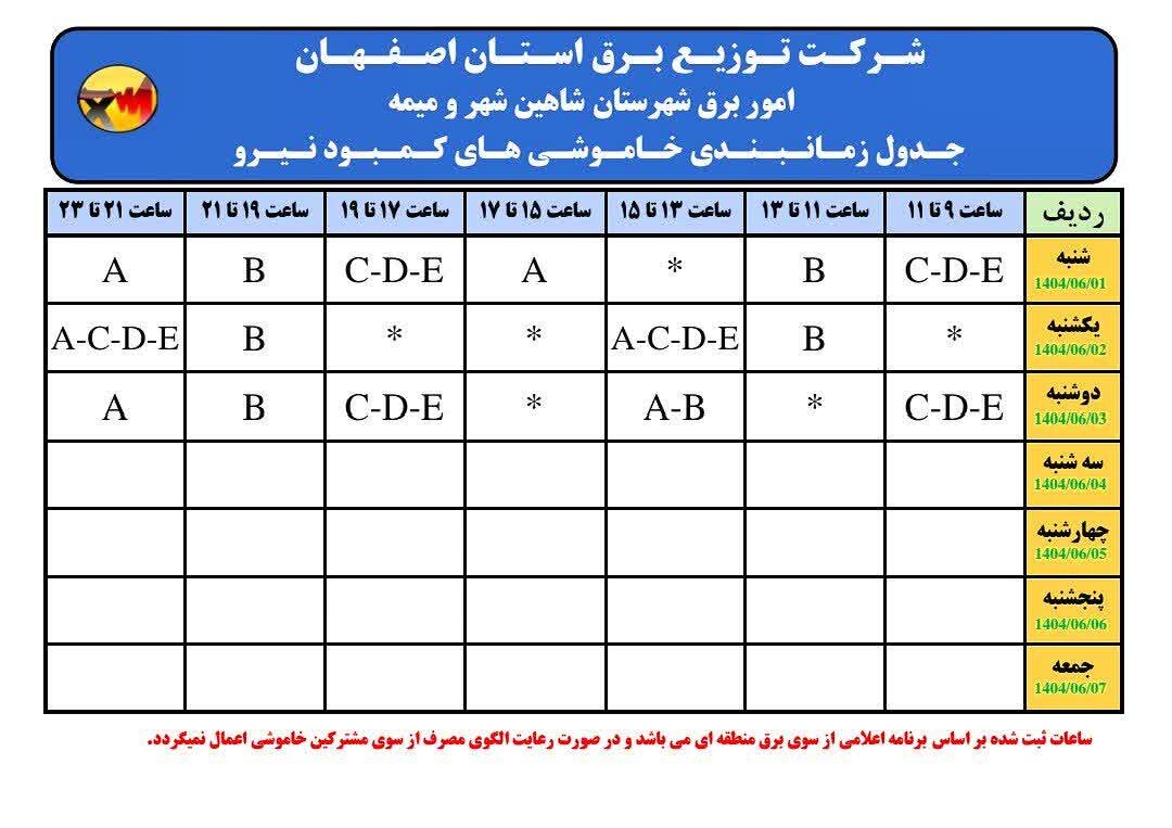 قطعی برق استان اصفهان امروز یکشنبه ۲ شهریور ۱۴۰۴ + جدول