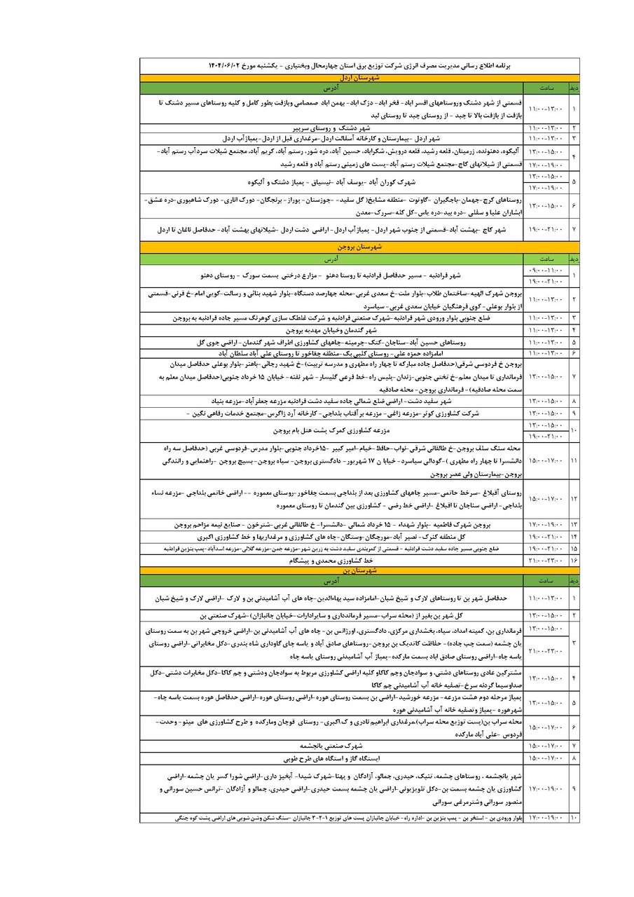 برنامه قطعی برق چهارمحال و بختیاری یکشنبه ۲ شهریور + جدول