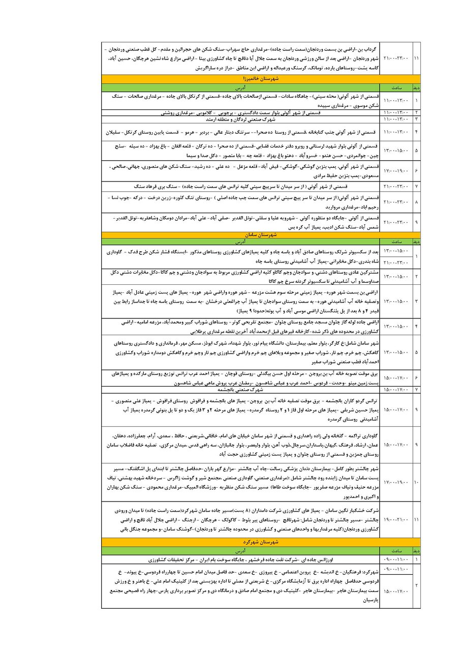 برنامه قطعی برق چهارمحال و بختیاری یکشنبه ۲ شهریور + جدول