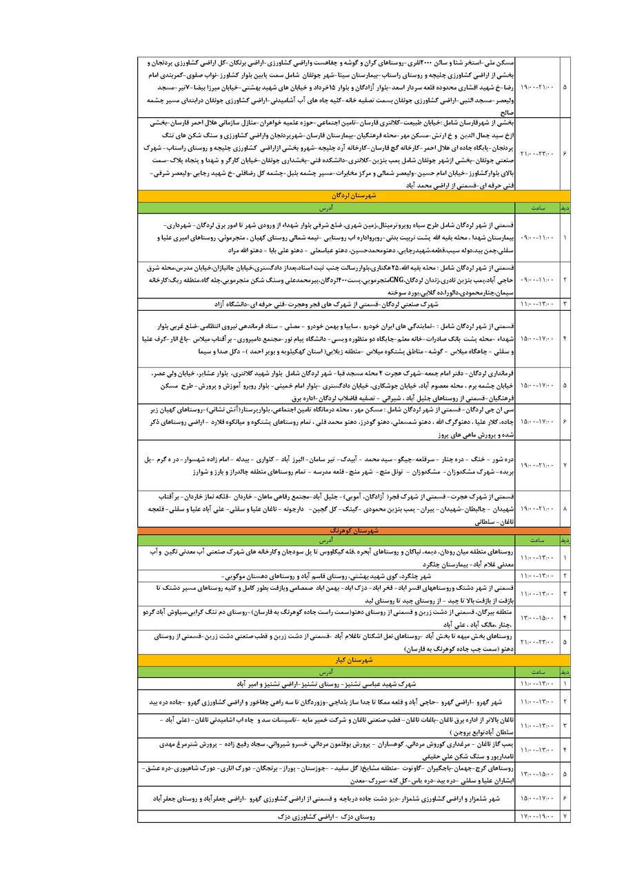 برنامه قطعی برق چهارمحال‌ و بختیاری‌ یکشنبه ۲ شهریور + جدول