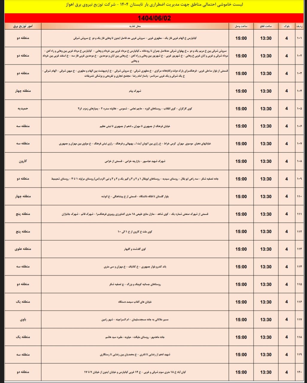جدول خاموشی