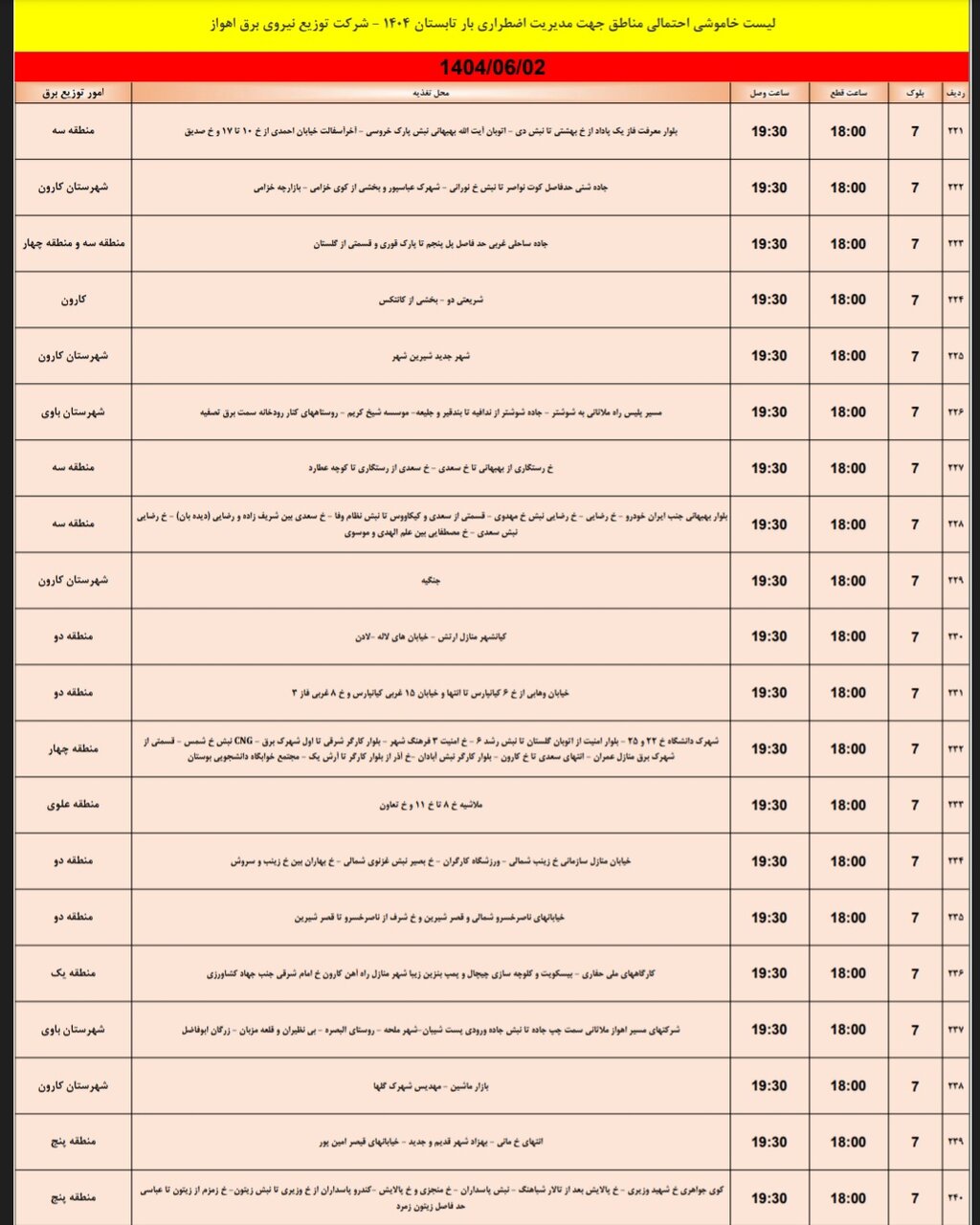 جدول خاموشی