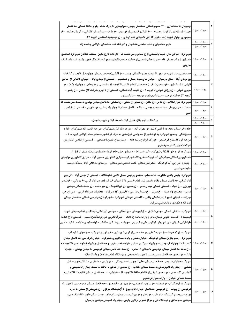 برنامه قطعی برق چهارمحال و بختیاری دوشنبه ۳ شهریور + جدول