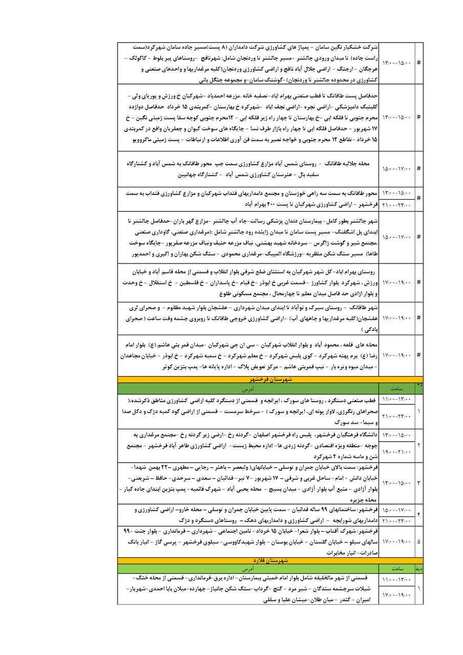 برنامه قطعی برق چهارمحال‌ و بختیاری‌ دوشنبه ۳ شهریور + جدول