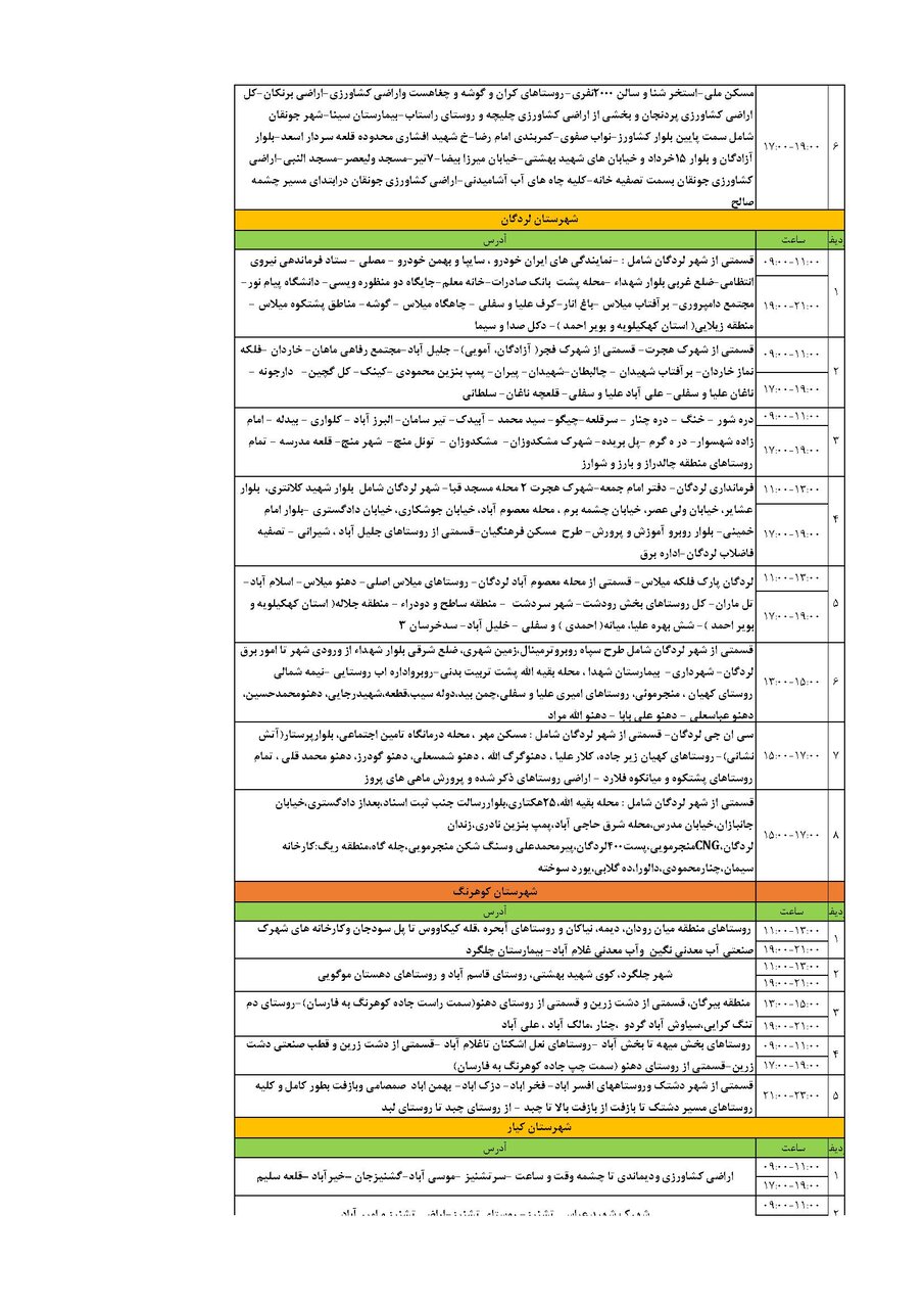 برنامه قطعی برق چهارمحال‌ و بختیاری‌ دوشنبه ۳ شهریور + جدول