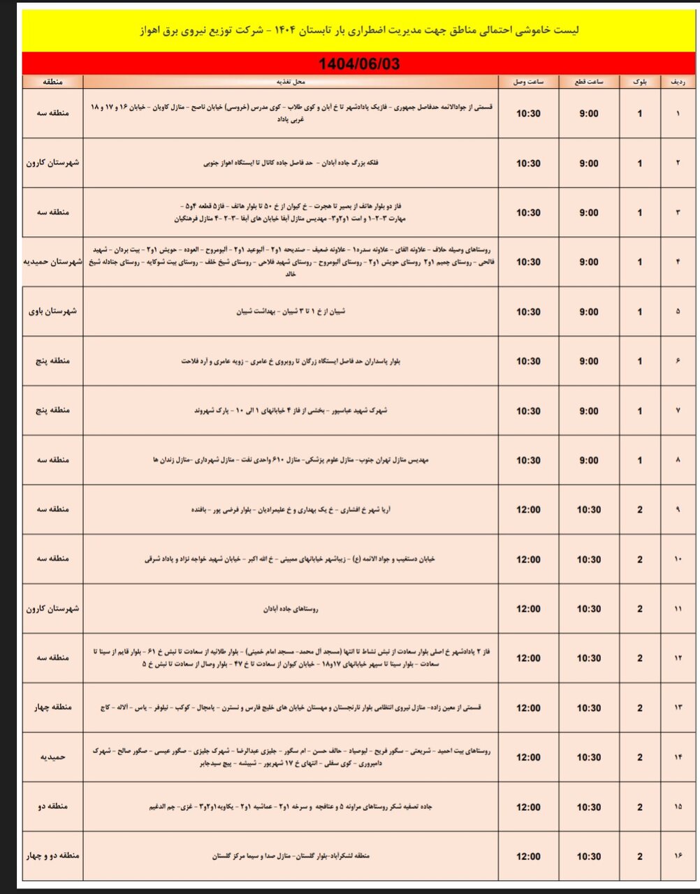 جدول خاموشی