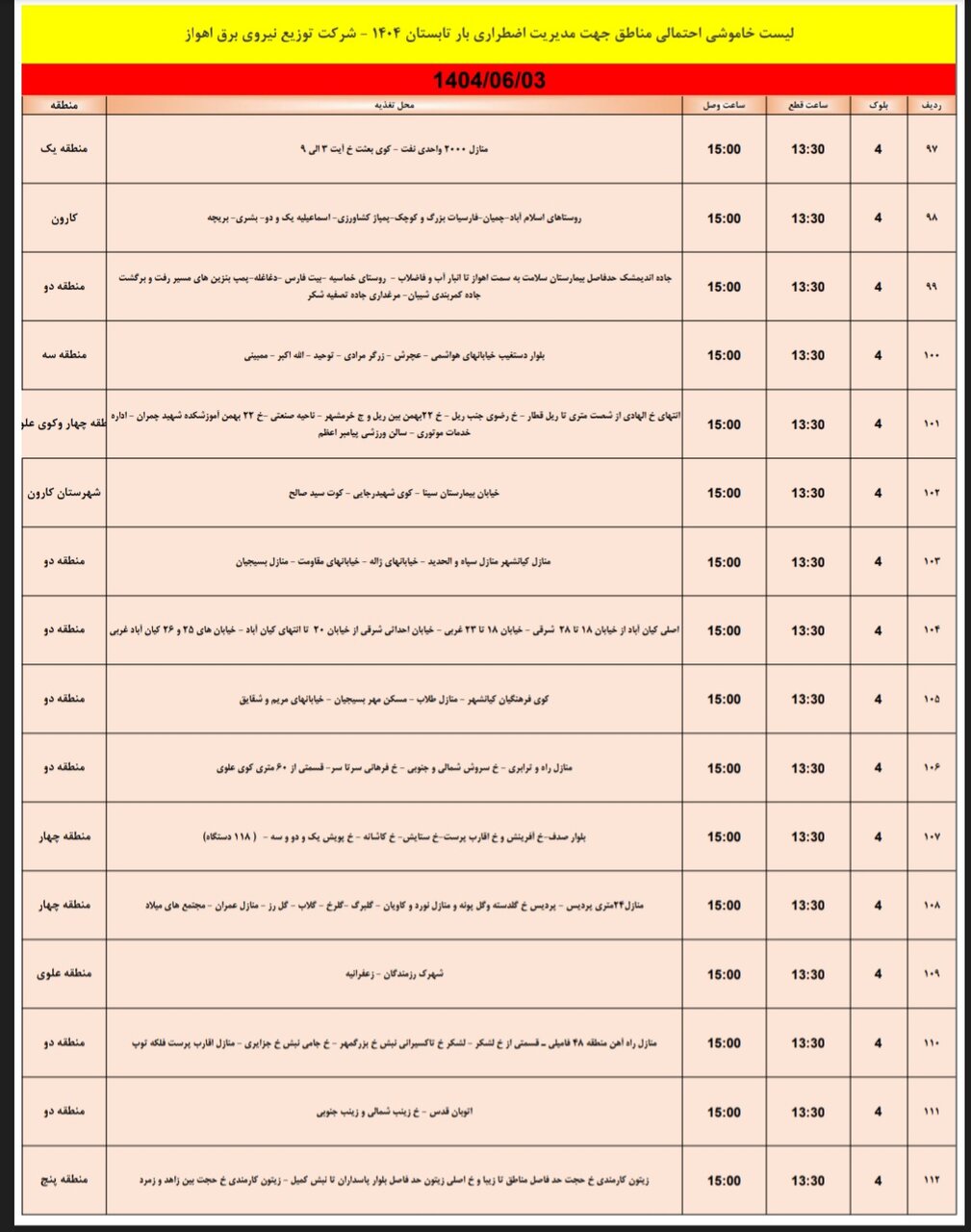 جدول خاموشی