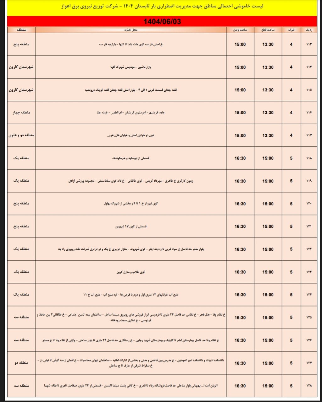 جدول خاموشی
