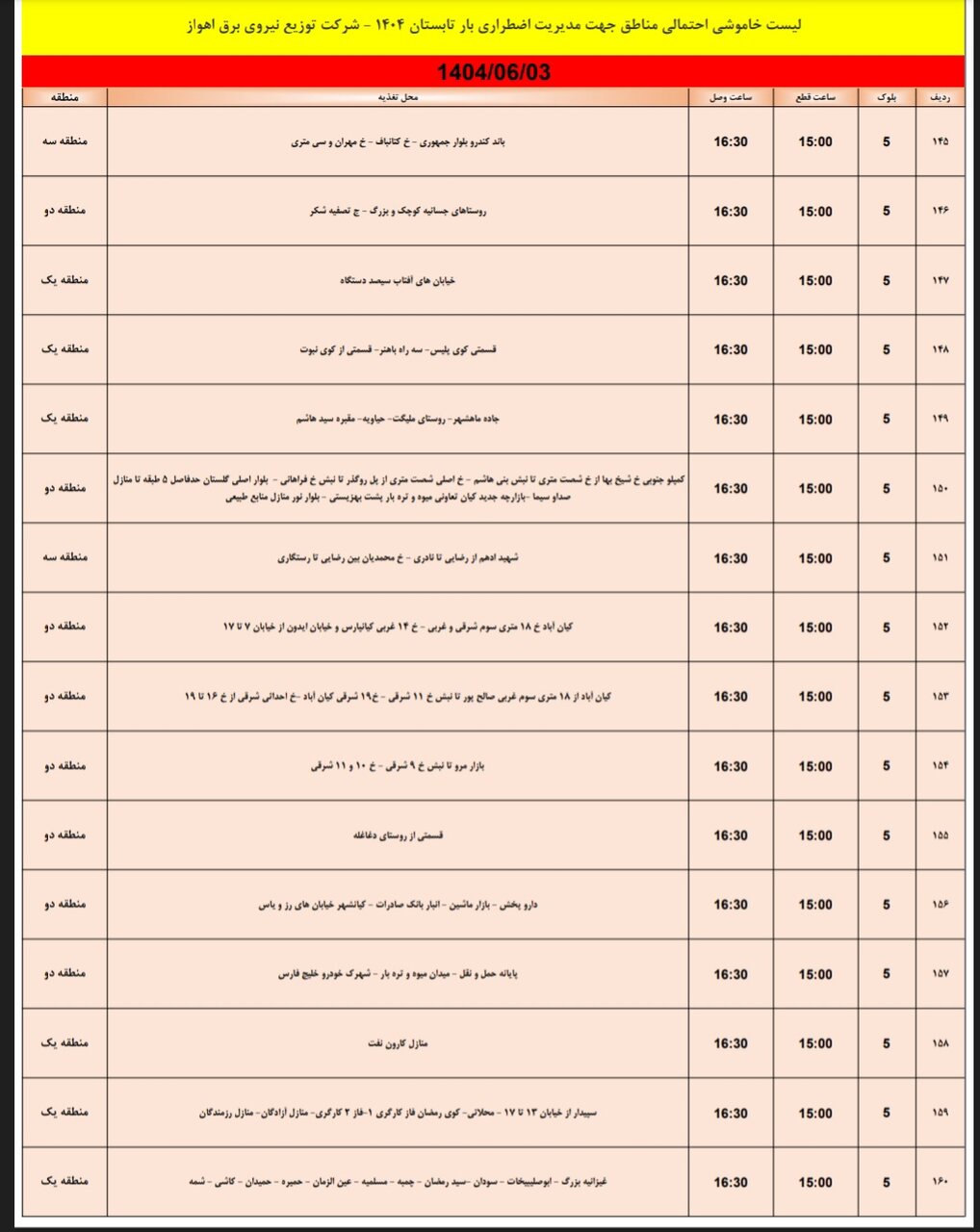 جدول خاموشی