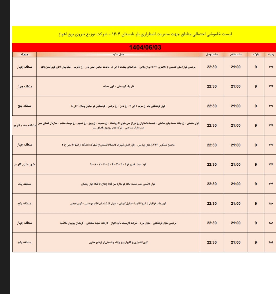 جدول خاموشی