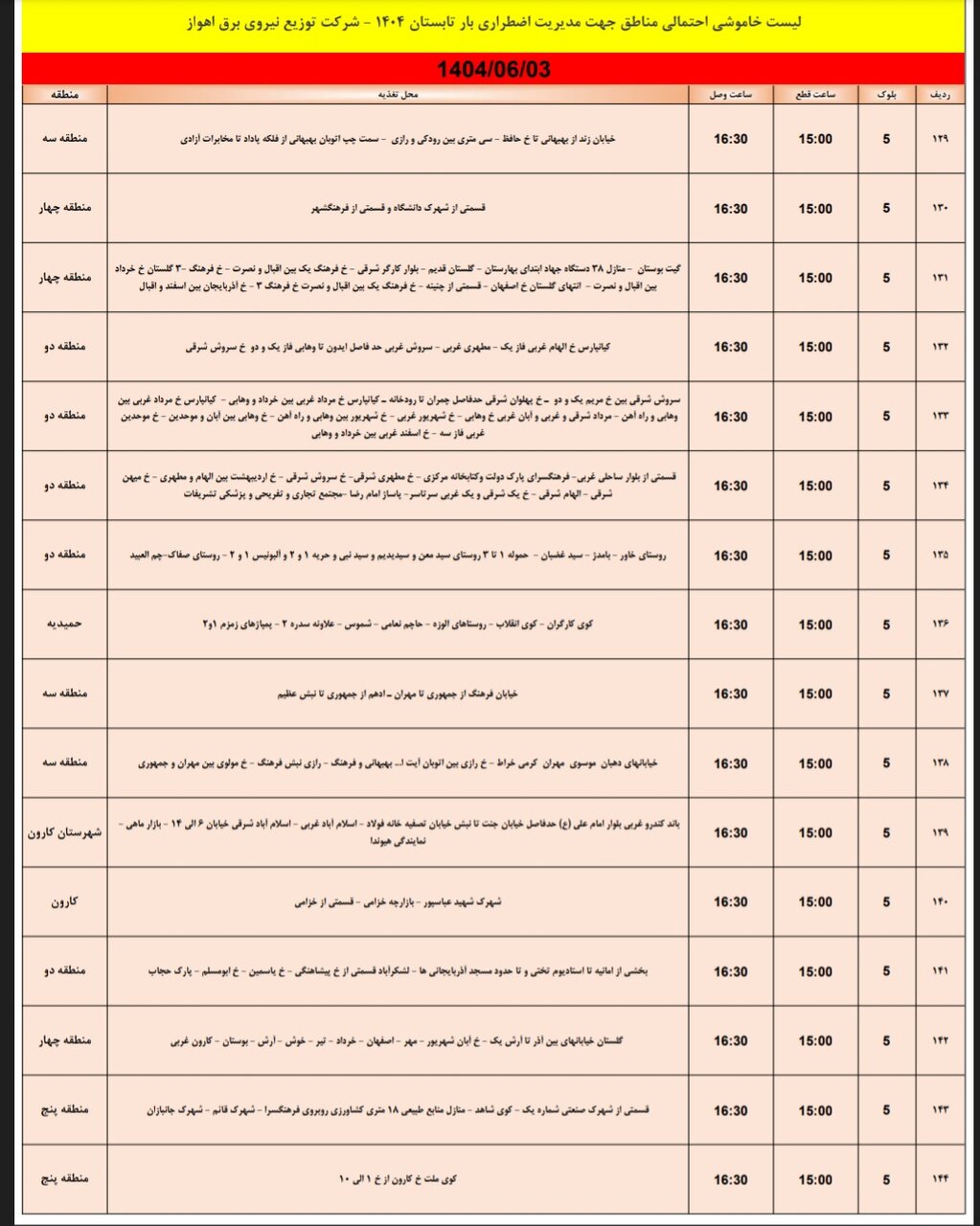 جدول خاموشی