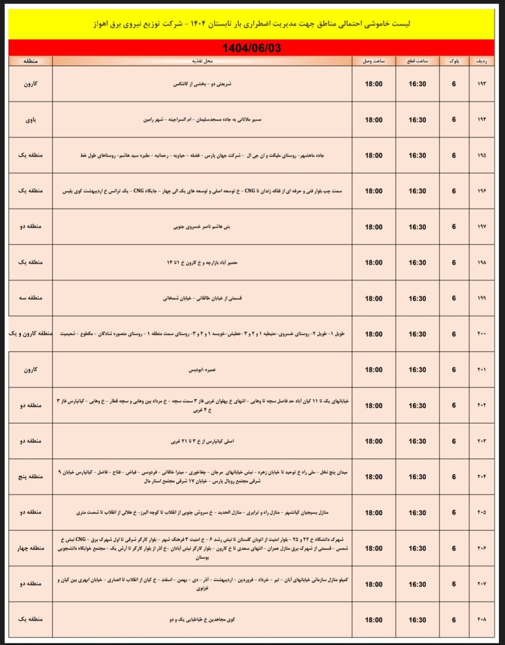 جدول خاموشی