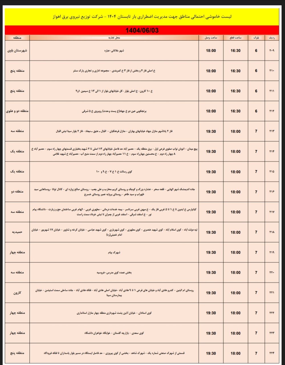جدول خاموشی