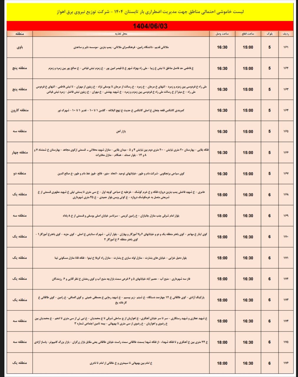 جدول خاموشی