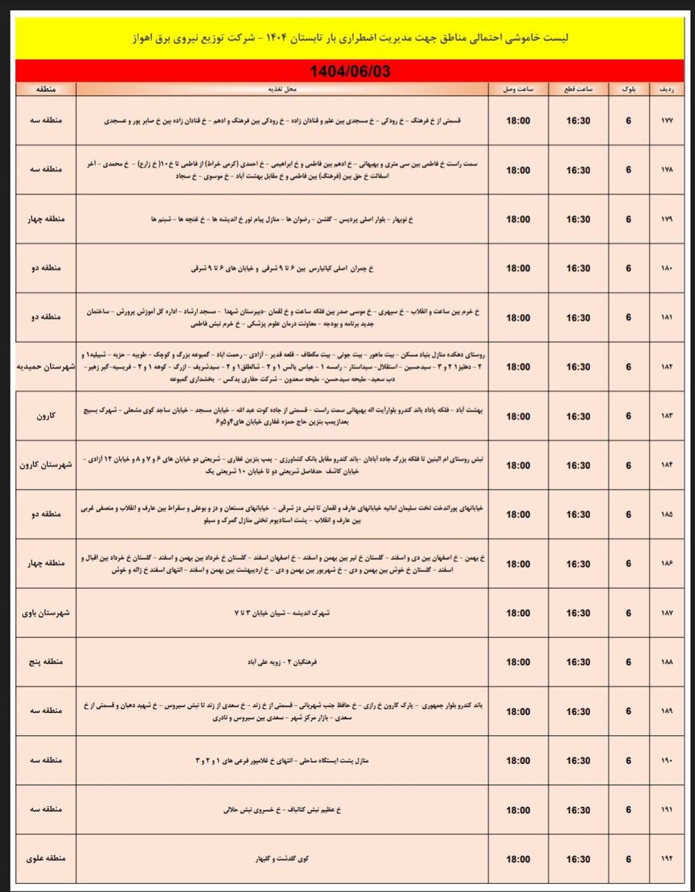 جدول خاموشی