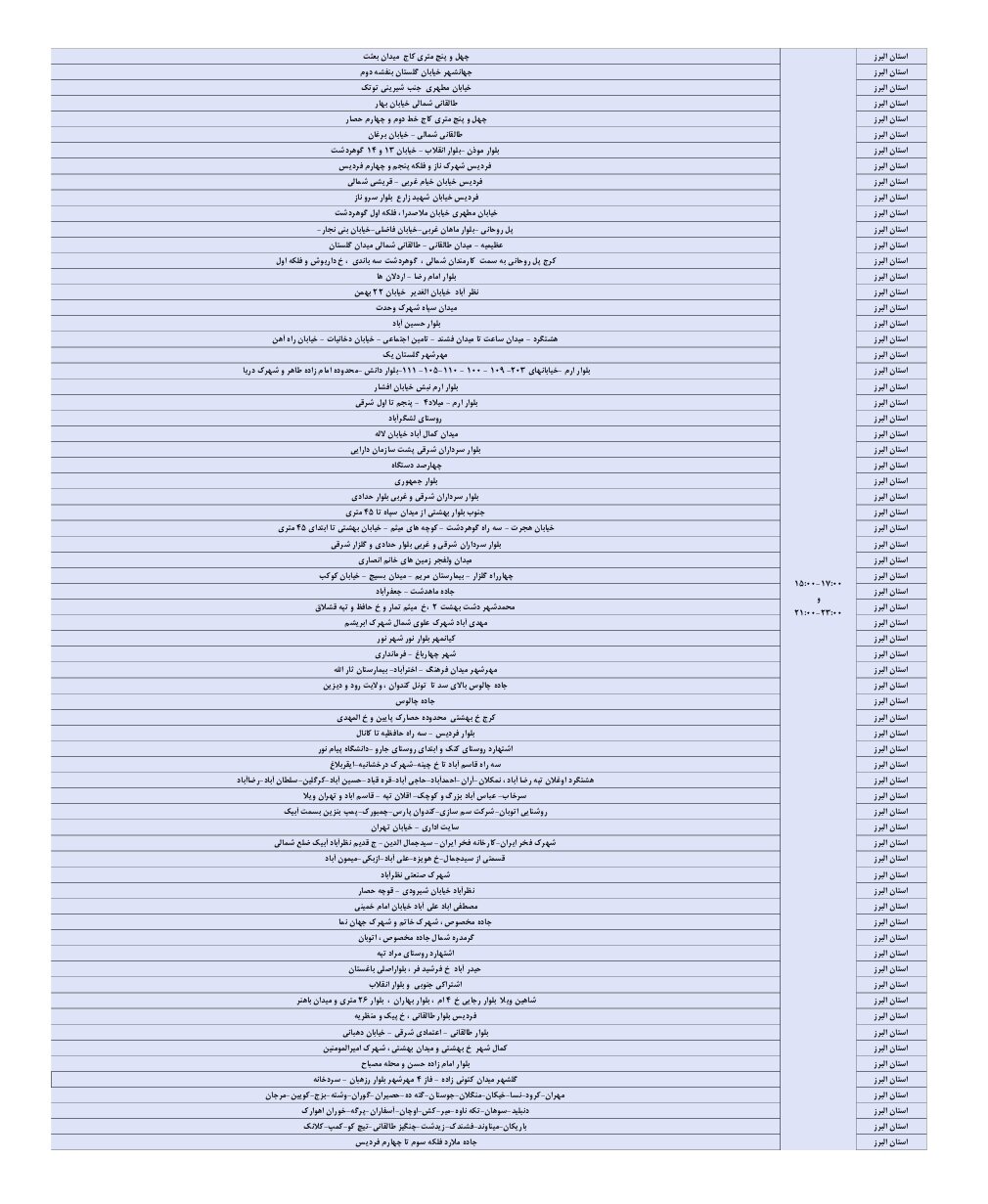 جدول قطعی برق استان البرز امروز دوشنبه ۳ شهریور ۱۴۰۴