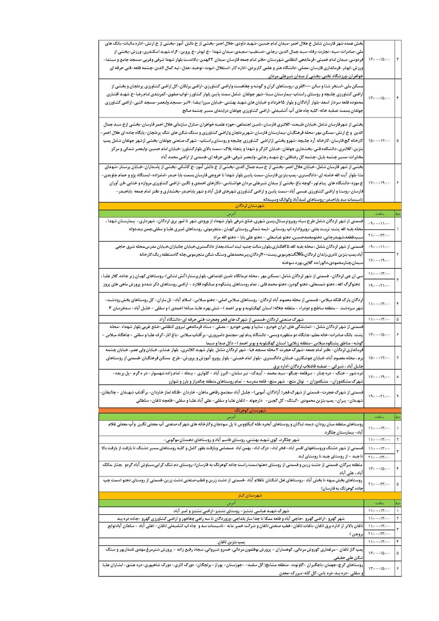 برنامه قطعی برق چهارمحال و بختیاری سه شنبه ۴ شهریور + جدول