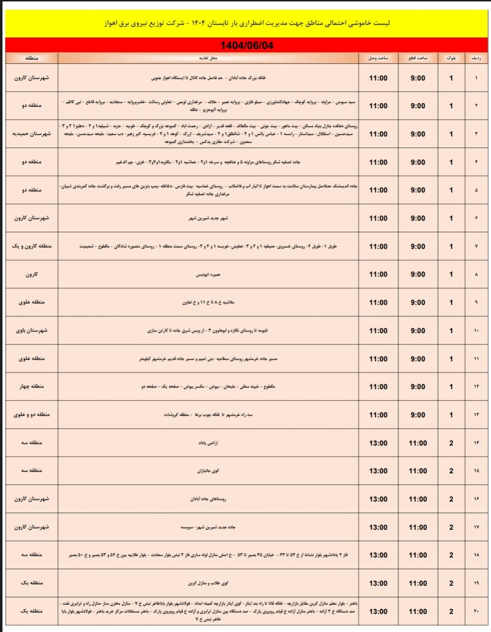 جدول خاموشی