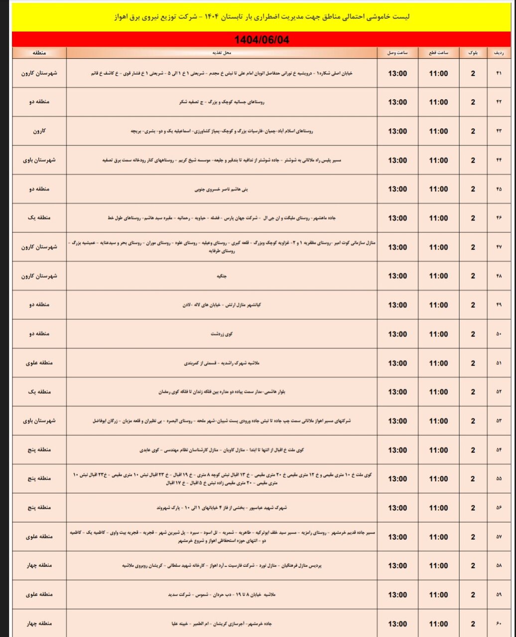 جدول خاموشی